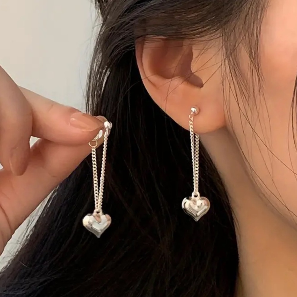 Exquisite Heart-Shaped Shimmer Chain 925 Real Sterling Sliver Drop Earrings